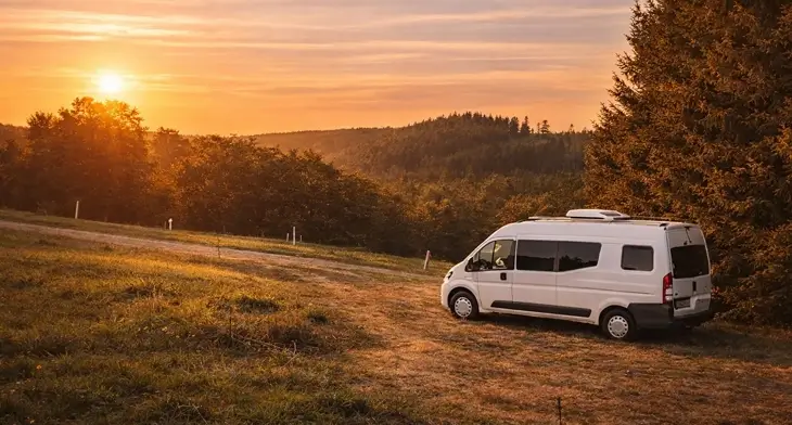 Wohnmobil-Stellplatz in Alleinlage bei Sonnenuntergang im Vogtland